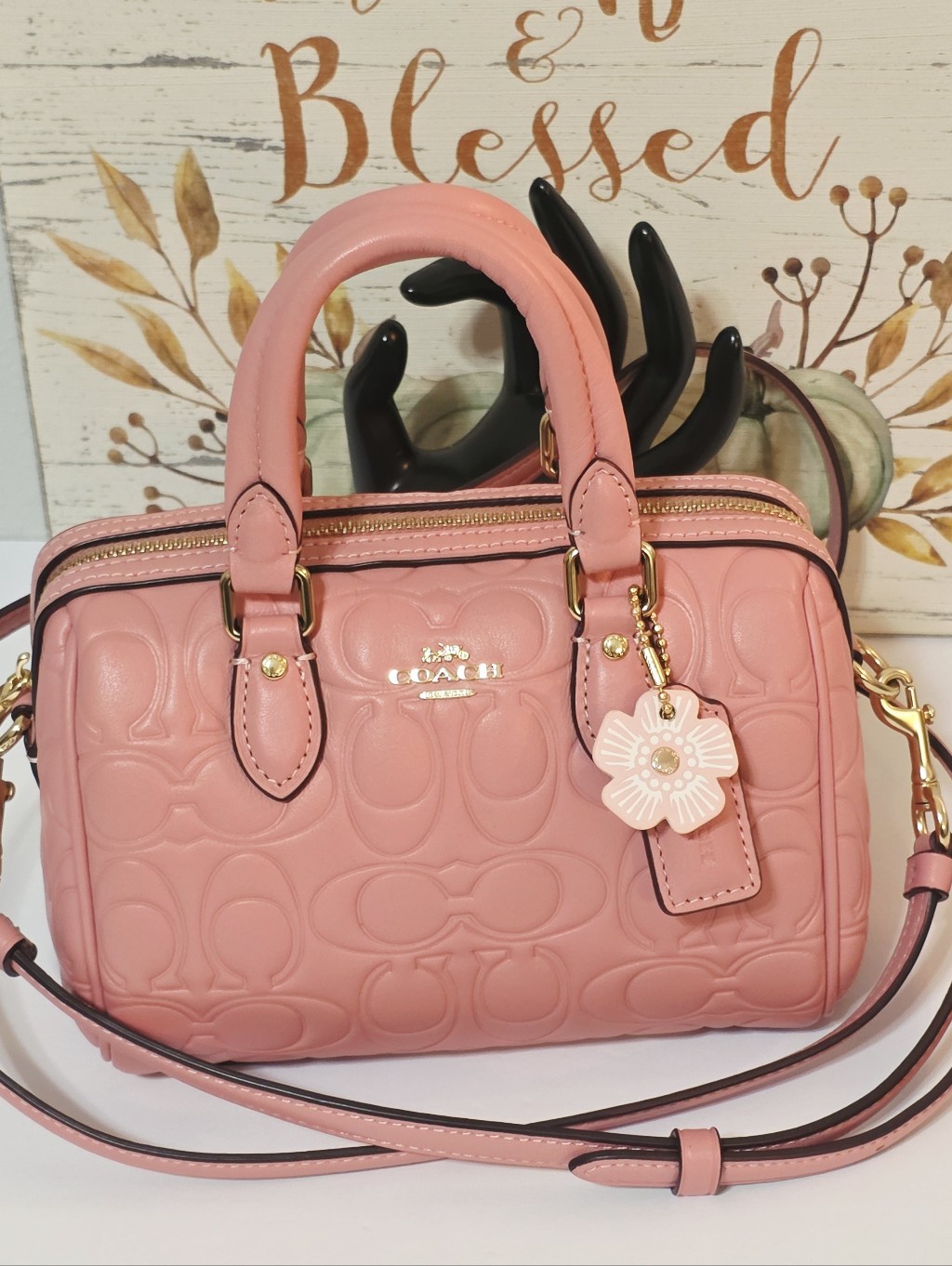 Coach Mini Rowan Crossbody Light Blush Gold Cn754 + Tea Rose Coach Charm